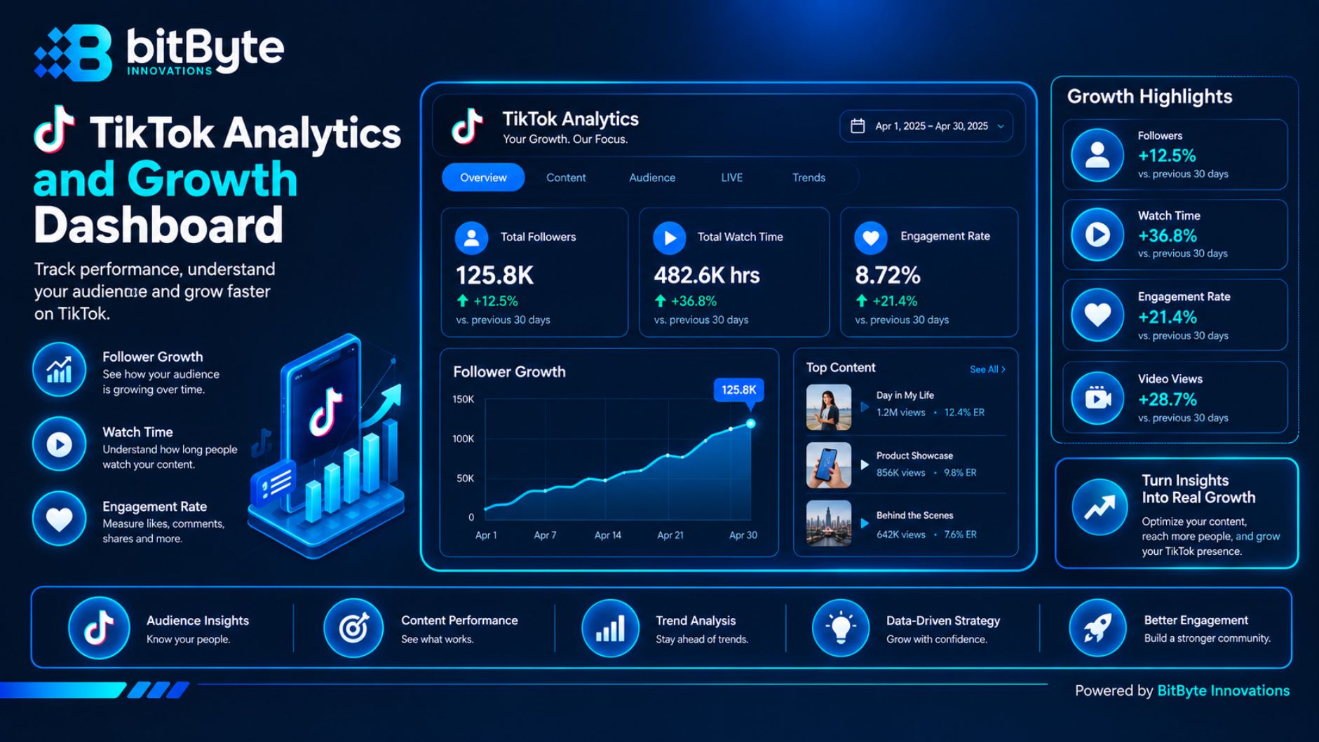 TikTok analytics dashboard showing follower and engagement growth