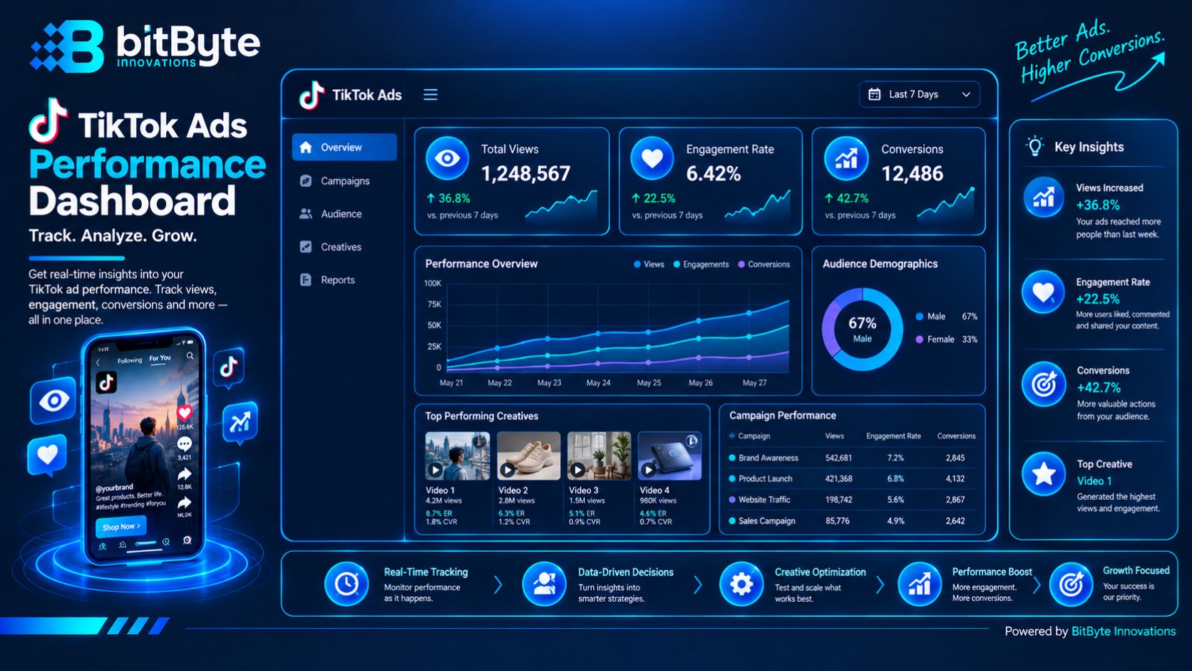 TikTok ads performance dashboard showing engagement and conversion metrics
